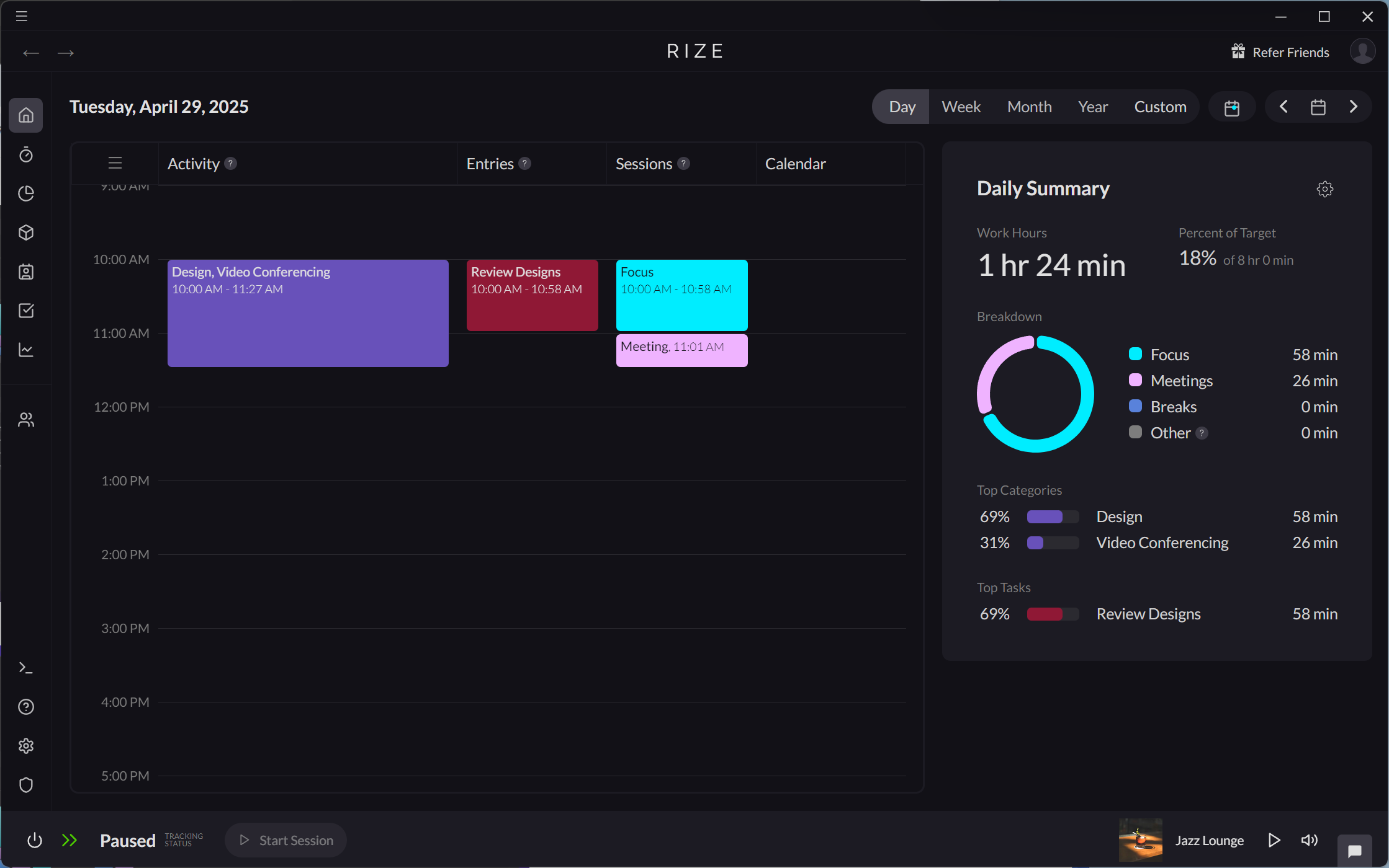 Screenshot showing Work Hours daily summary