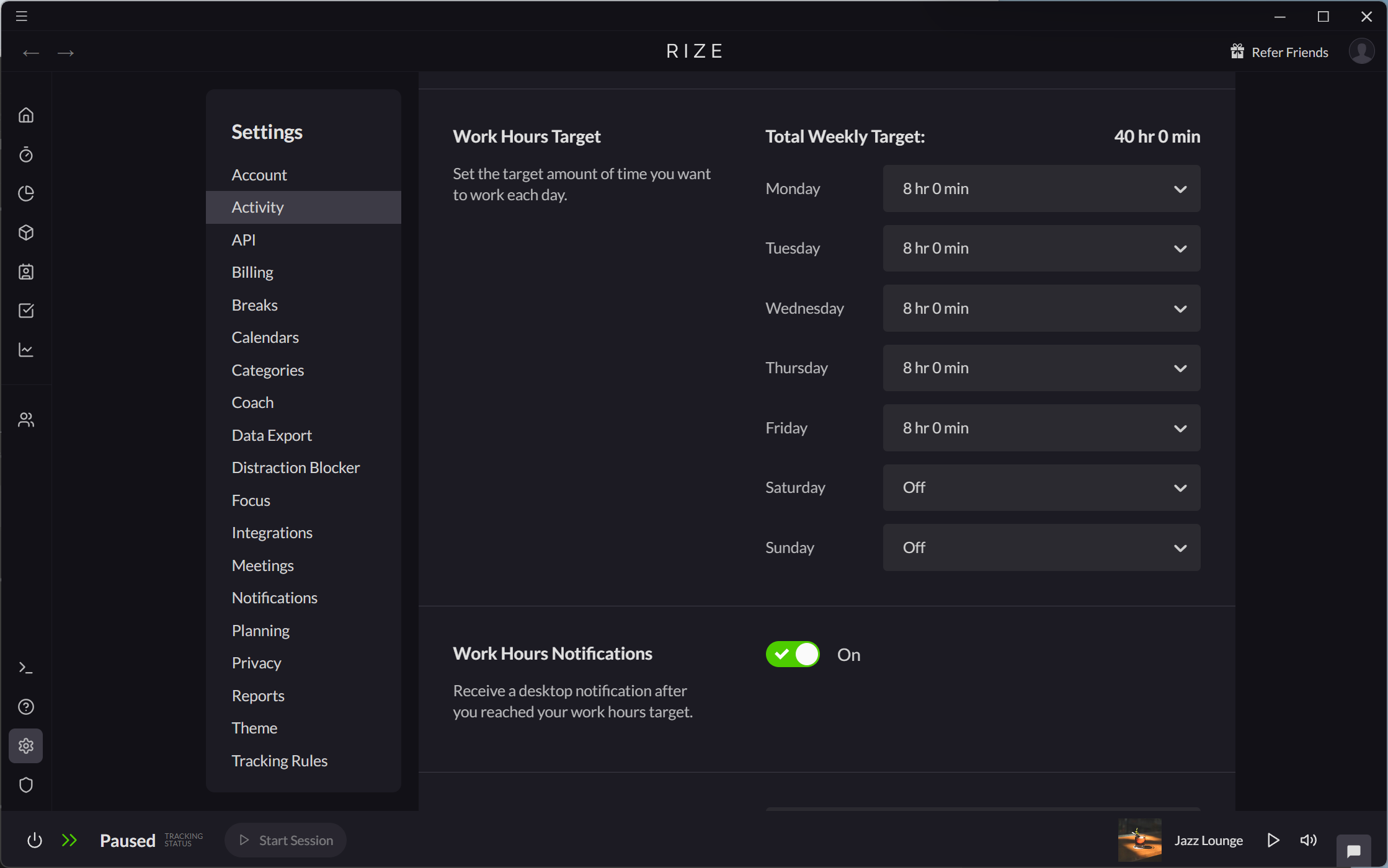 Screenshot showing the Work Hours Target setting