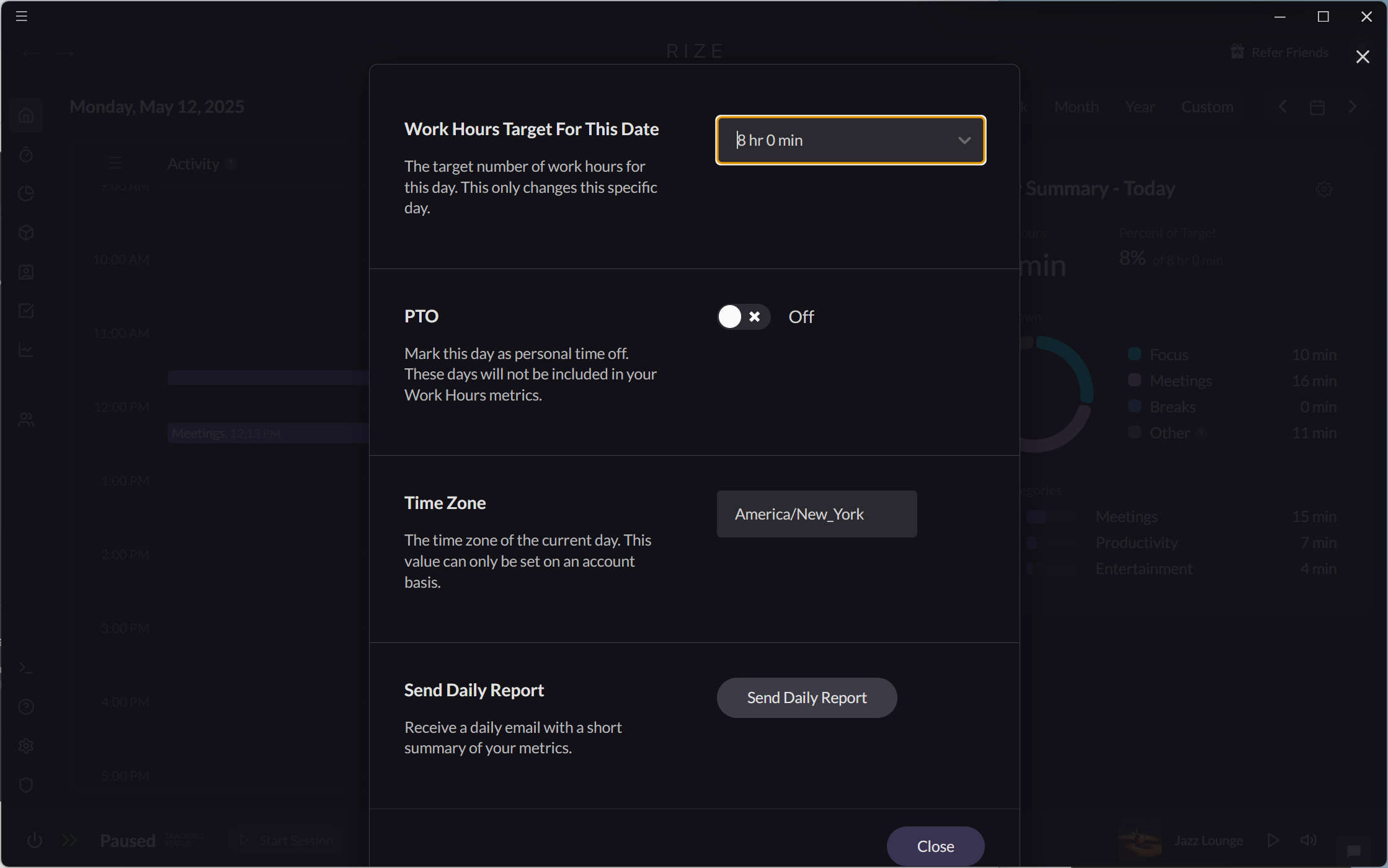 Screenshot showing the Work Hours Target setting